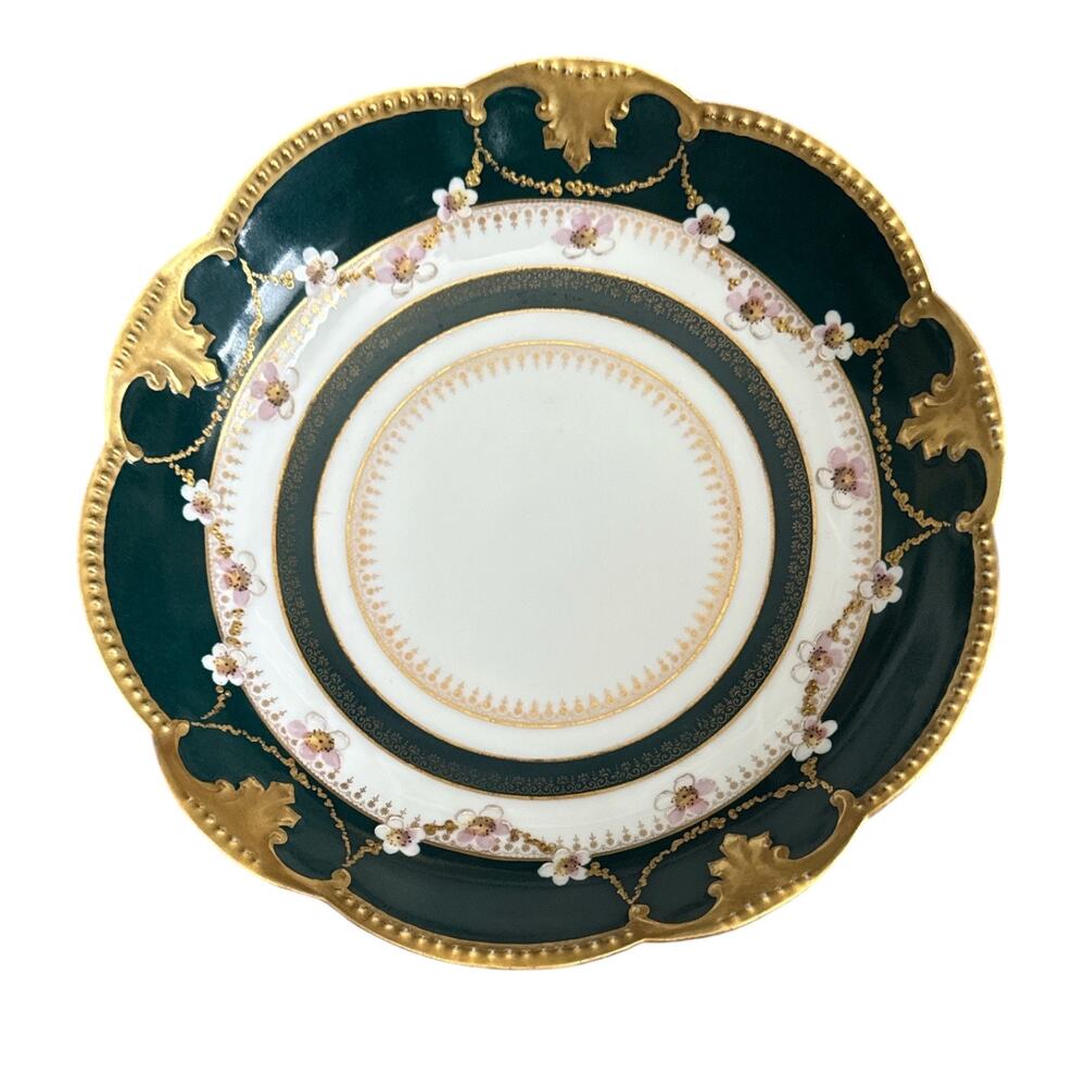 AK France Limoges Hand Painted Floral and Gold Green Serving Bowl